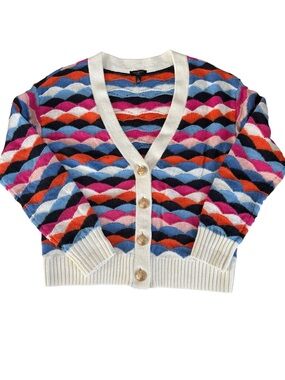 Talbots Multicolor Wave V-Neck Cardigan with White Trim